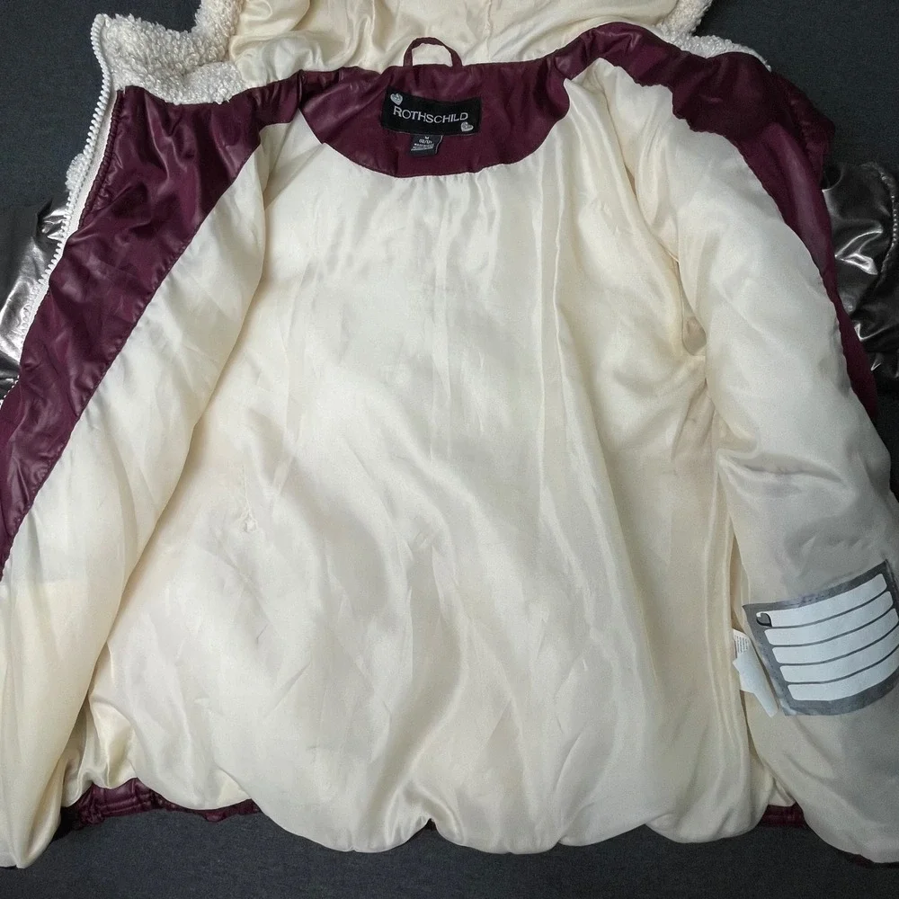 Rothschild Girls Puffer Jacket Hooded Metallic Burgundy Cream Size‎ M 10 12